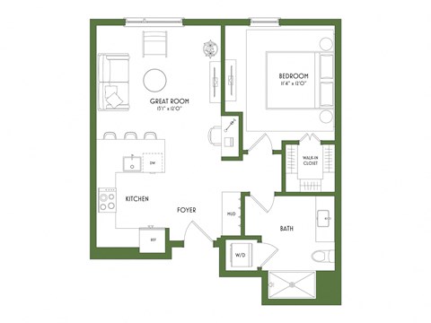A floor plan of a house with a bedroom, great room, kitchen, foyer, bath, and walk-in closet.